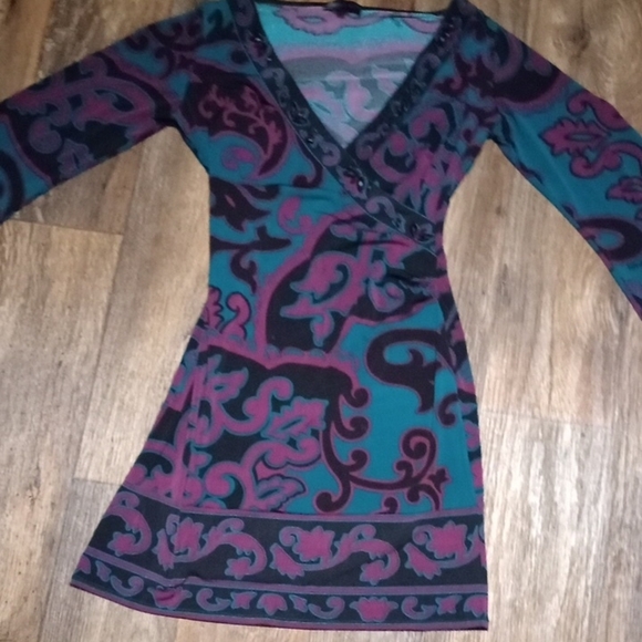 Green and Purple A-line Wrap Dress with 3/4 Sleeves and V-neck - Picture 1 of 4